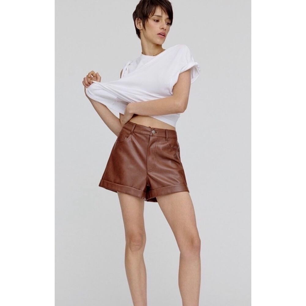 Avec Les Filles Vegan Leather Shorts Brown Size 30 Modern Chic Edgy Minimalist